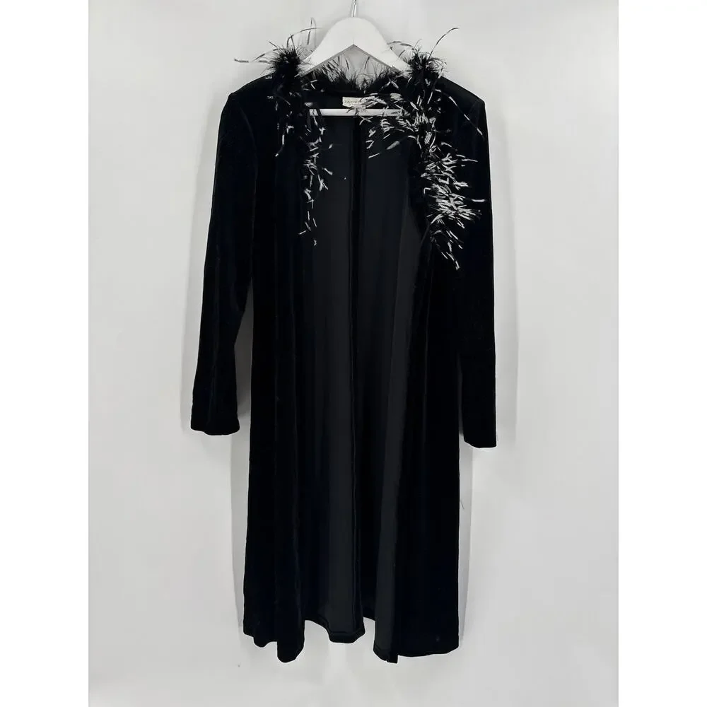 Jackie Jon Vintage Cardigan Sweater Womens Medium Black Velvet Feather Collared